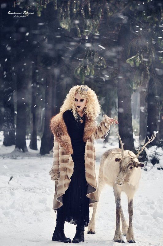 олень, зима, девушка, снег, черный, блондинка  Оленья сказкаphoto preview