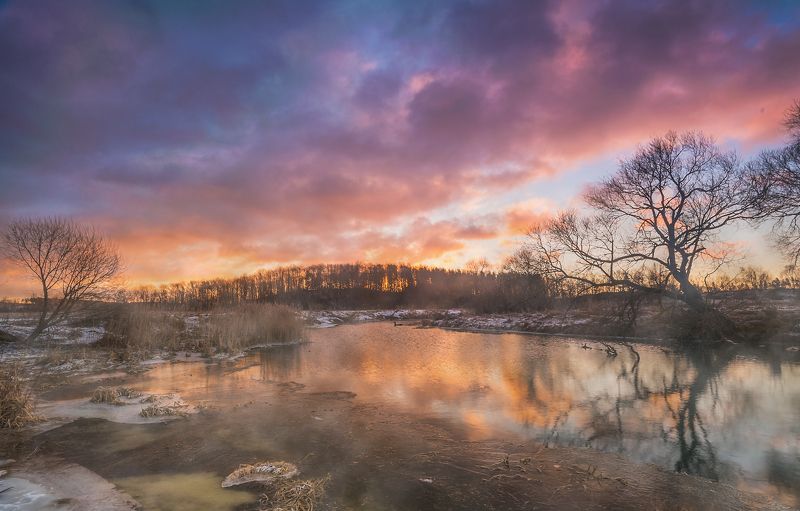 рассвет заря река небо беларусь пейзаж зима снег лес деревья февраль контраст панорама, В пламени рассветаphoto preview
