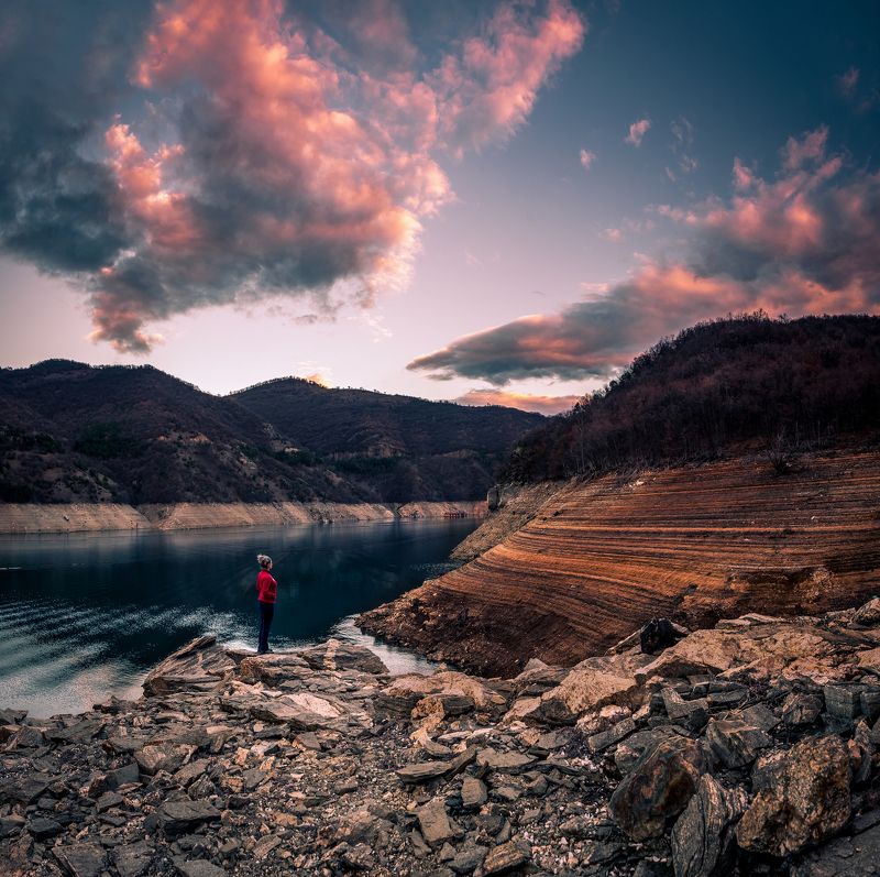 sunset, water, dam, landscape, mountain In th e end of the winterphoto preview