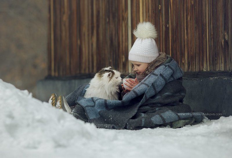 дети,семья,зима,улица,кошка,друг другphoto preview