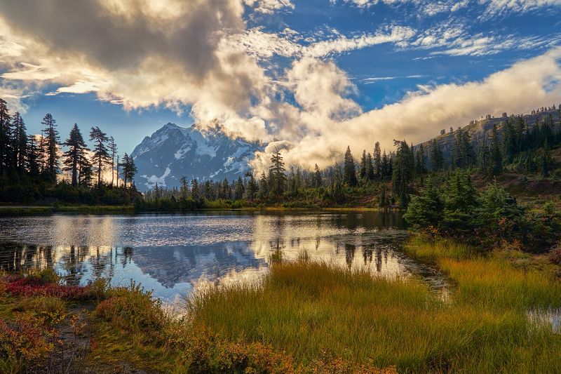 озеро, горы, отражение, деревья, трава, облака, лето, пейзаж Picture Lakephoto preview