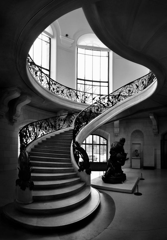 staicase, architecture, interior, depth, geomery, paris, association, rails, light, black and white Пламяphoto preview