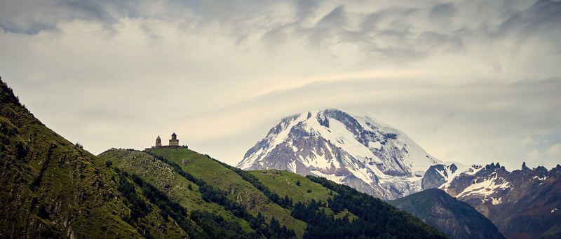 Грузия, Казбек, Горы, Скалы, Камни, Религия, Церковь, Храм, Панорама, Church, Georgia, Mountains, Landscape, Clouds, Stones, Rocks, Panorama Грузинский пейзажphoto preview