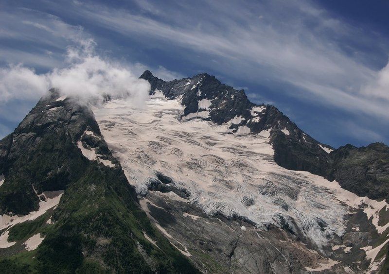 ледник, кавказ, горы, вершины,  домбай, небо, облака Джугутурлучатphoto preview