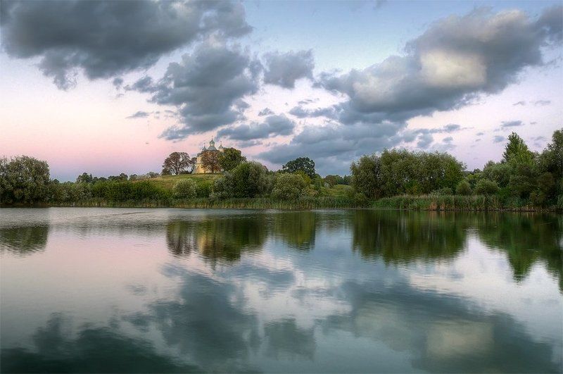 пейзаж, пруд, облака, церковь photo preview