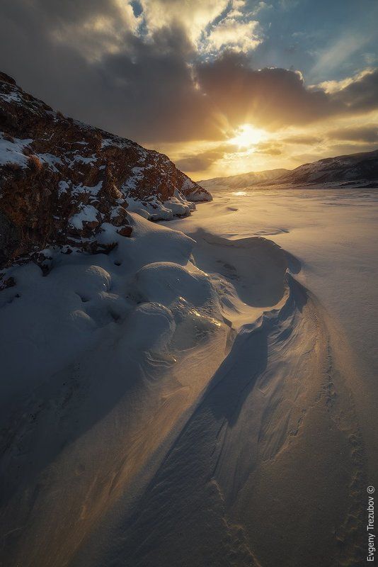 байкал, закат, солнце, облака, снег, наплески, лед Байкальские дюныphoto preview