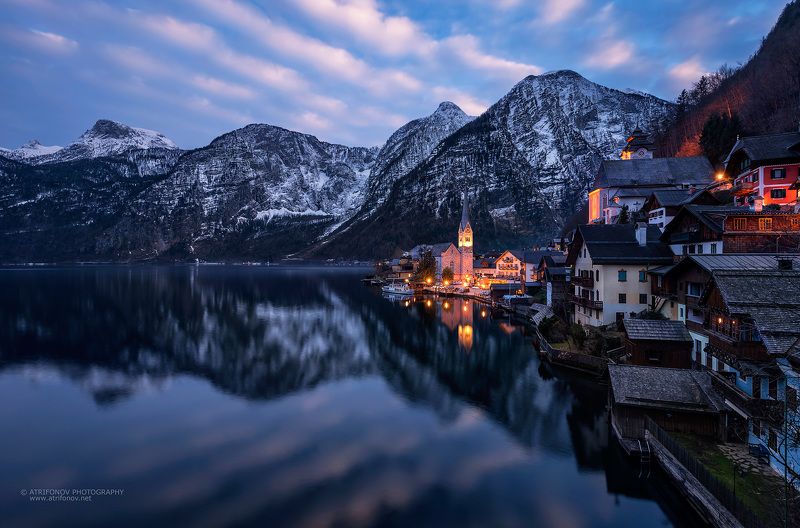 Hallstatt, Austria, Upper Austria, village, Alps, mountains, lake, lights, cityscape, time blending, church, reflections, water, snow, winter Деревня мечты IIphoto preview