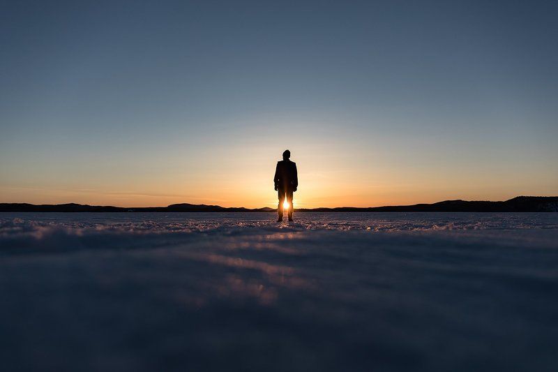 sunset, sky, mountains, men, snow, siberia, river Sunsetphoto preview