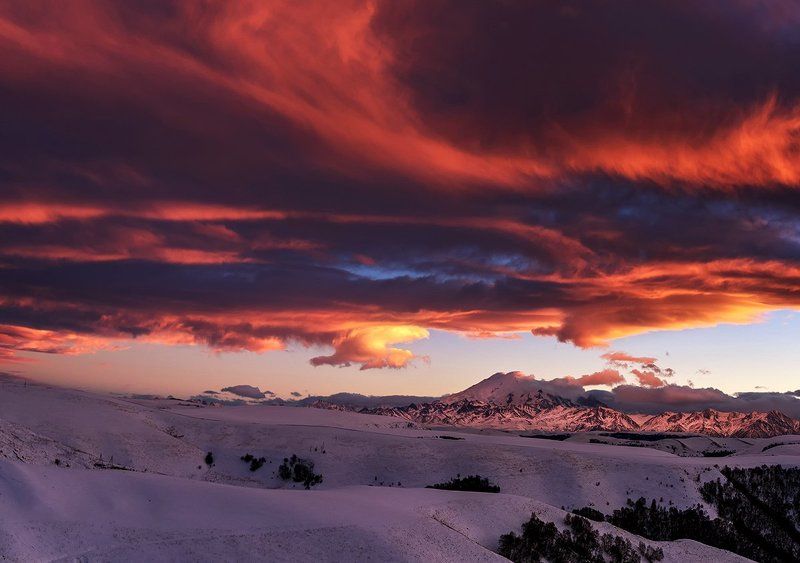 эльбрус, закат, рассвет, горы, гумбаши, снег, зима, небо, облака, пейзаж, Закат с Эльбрусомphoto preview