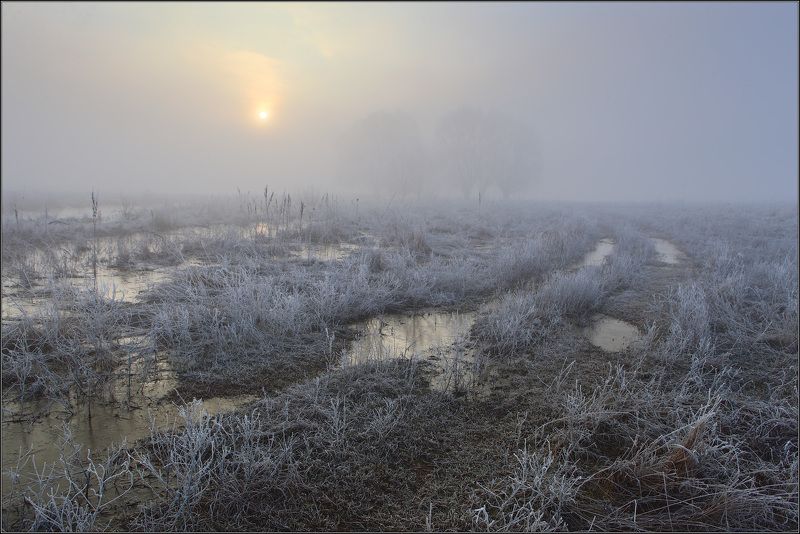 туман, солнце, дорога, вода Половодье на р.Удыphoto preview