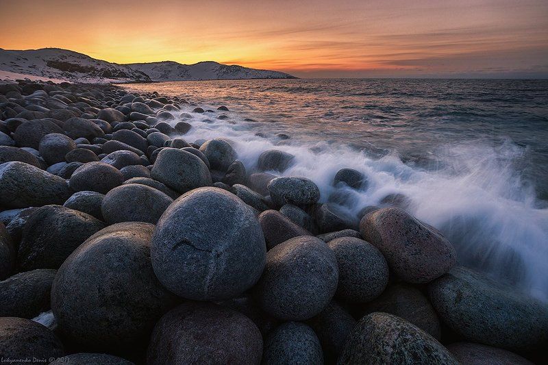 2017, весна, вода, море, океан, берег, вечер, камни, закат, волны, облака, снег, териберка, баренцевое море, кольский ***photo preview