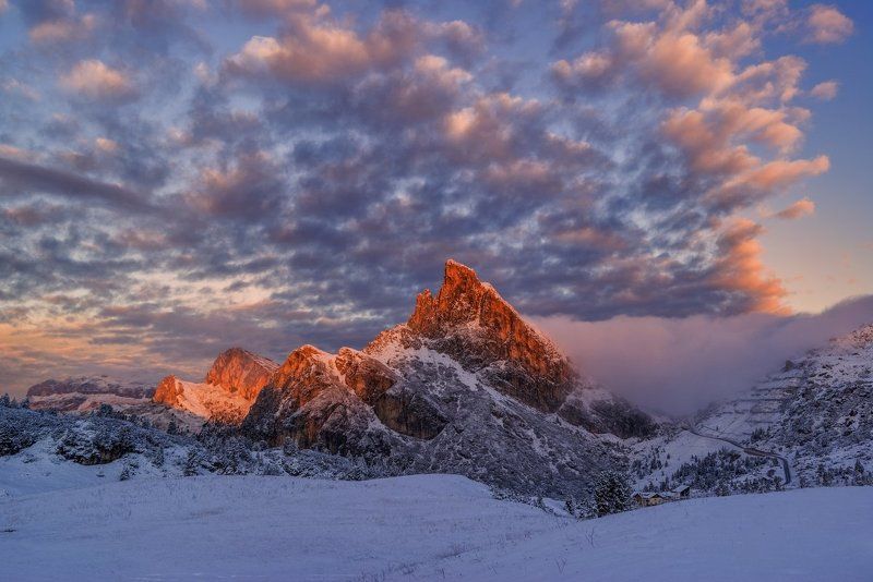 Italy, Dolomites, South Tyrol, mountains, clouds, passo Falzarego, snow, frost Dolomiresphoto preview