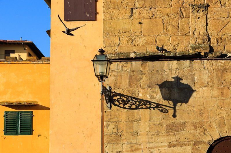 italy,florence,tuscany,city,street,spring,evening,wall,sky,lamp,bird,shadow,light,blue,yellow Florencephoto preview