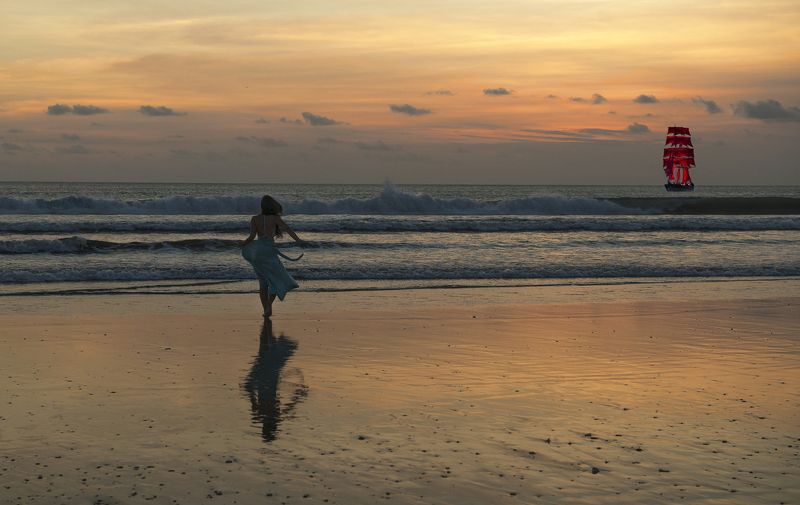 закат, океан, девушка, ксазка, алые паруса Ассольphoto preview