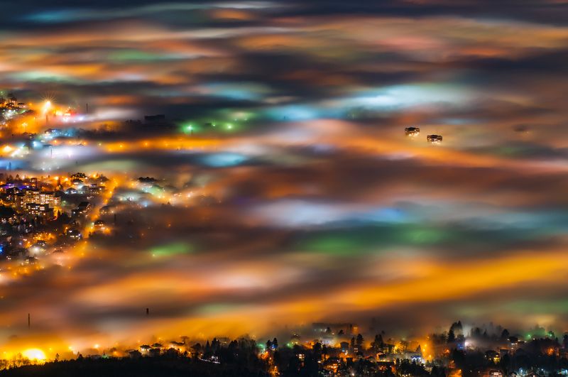 night, fog, foggy, landscape, city, light Софияphoto preview