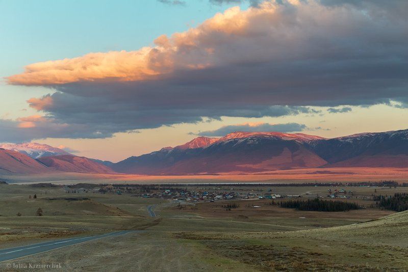 landscape, scenic, nature, view, mountains, sky, altitude, evening, sunset, blue, golden, pink, green, valley, village, snow, color, mountain ridge, spring, alpine steppe, clouds, Altai, Kurai  Добрый вечер, Курай!photo preview
