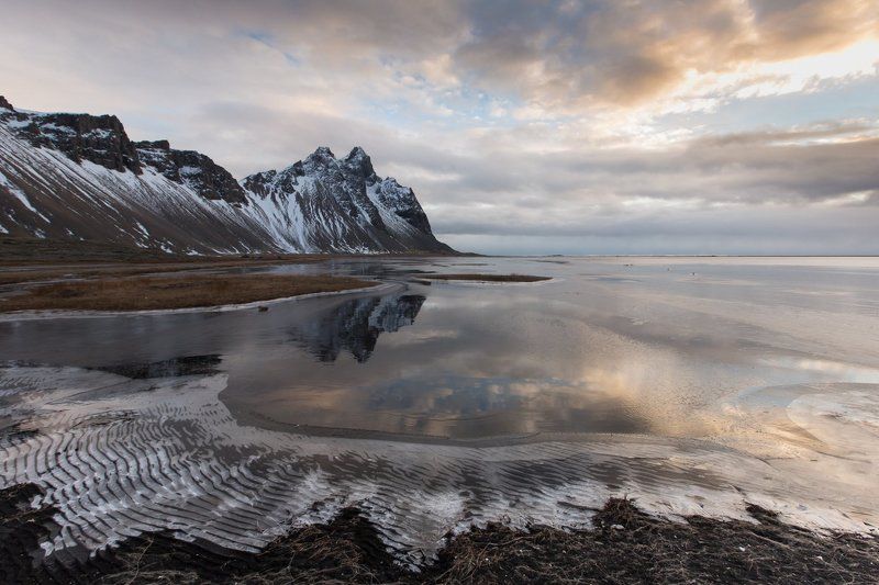 stokksnes , исландия, лёд, утро, вода, отражение ,гора , снег, зыбь,рябь, атлантический океан photo preview