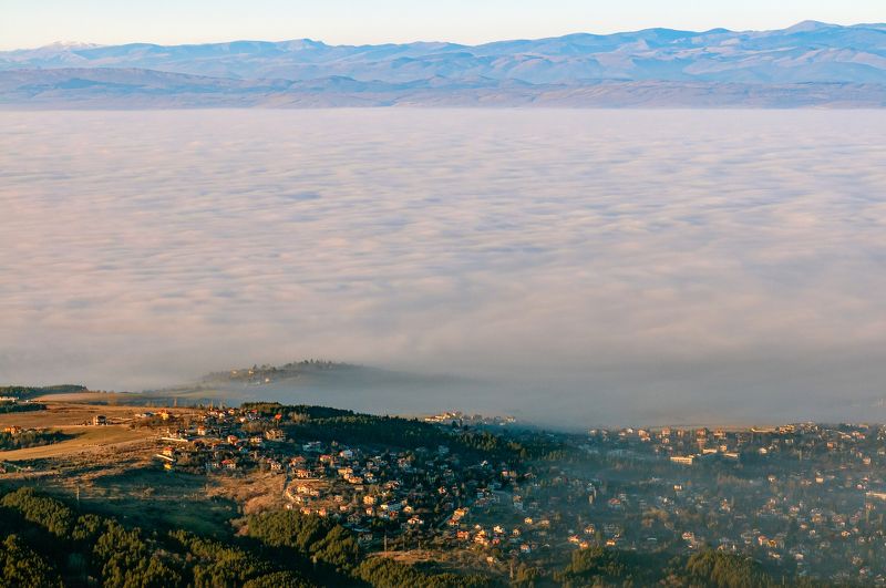 fog, foggy, city, landscape, mountain, house, sky, sun, sunset Foggy Sofiaphoto preview