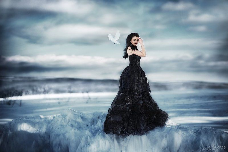 голуби черное платье зима девушка photo preview