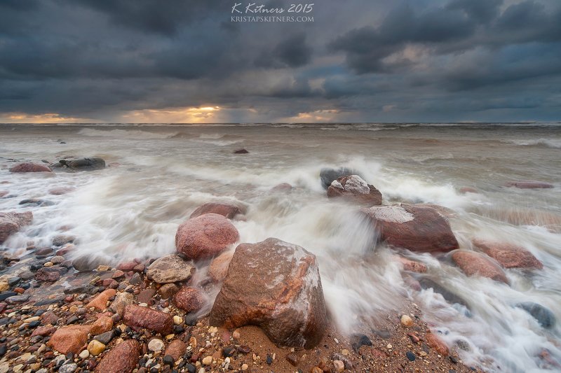 sea, seascape, water, wave, storm, sky, clouds, stone, reflection, sunset, evening, latvia The Last Lightphoto preview