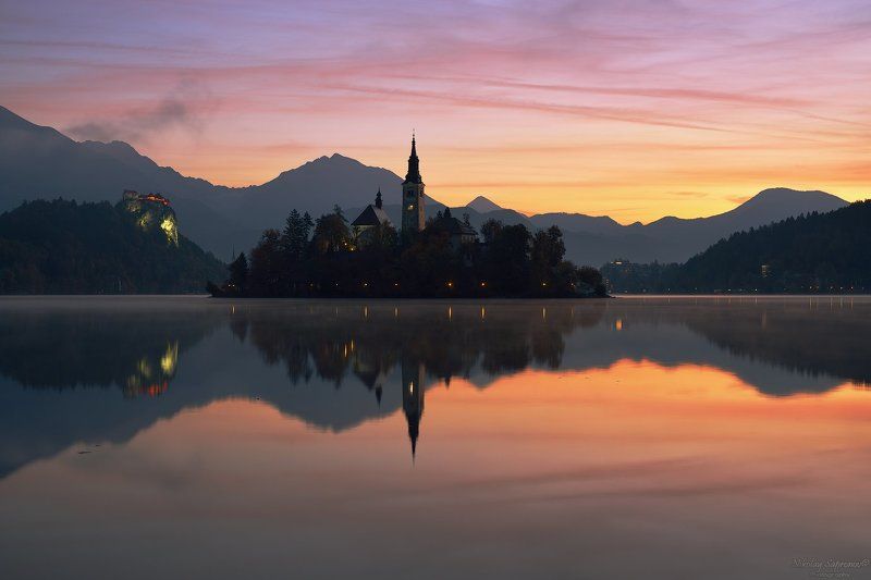 Блед, Словения, Юлианские Альпы, Альпы, Осень, Рассвет, Храмы, Замки, Slovenia, Bled, Jualian Alps, Alps, Bled Lake \