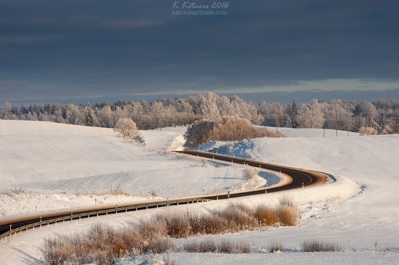 snow way road tree forest white winter sky clouds latvia landscape field sign The Winter Snakephoto preview