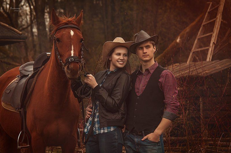 любовь, лошади, ковбои, лес, природа, прогулка на лошадях Любовь и лошадиphoto preview