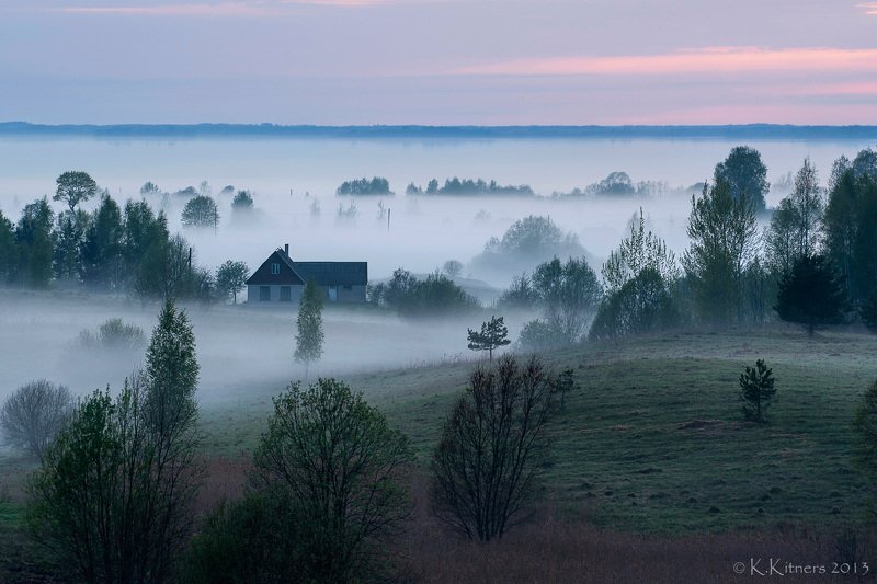 fog, house, tree, forest, lake, sky, evening, hill, field, grass, latvia, summer The Foggy Eveningphoto preview