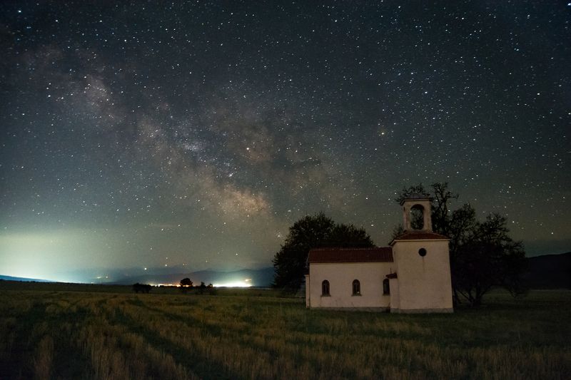 Milky Way, star, sky, landscape, church, tree, night, light Milky Wayphoto preview