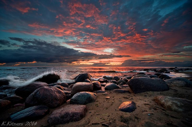 sea seascape water sky clouds stone reflection sunset evening latvia The Sunset Colorsphoto preview