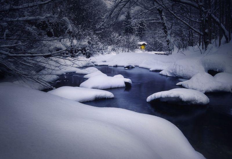 landscape, nature, snow, river, hut, пейзаж, природа Winter storyphoto preview