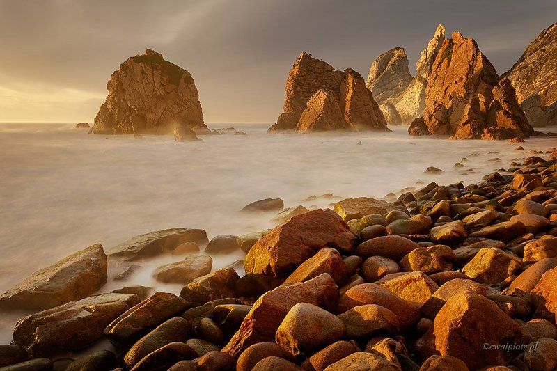 Sea, Beach, Nature, Rock, Sunset, Coastline, Landscape, Outdoors, Scenics, Water, Sky, Wave, Dusk, Seascape, Sand, Sunlight Playa da Ursaphoto preview