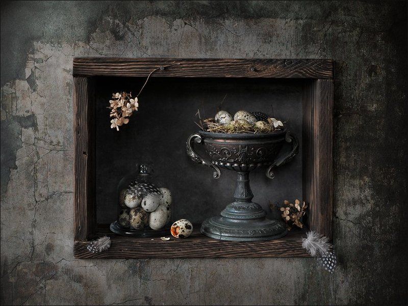 натюрморт , перепелиные перья, гнездо, яйцо Перепелино-гнездовой 2photo preview