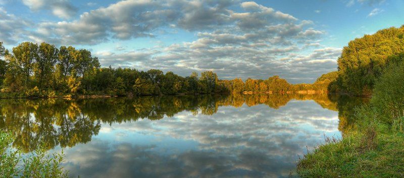 панорама, пейзаж, пруд, облака, деревья photo preview