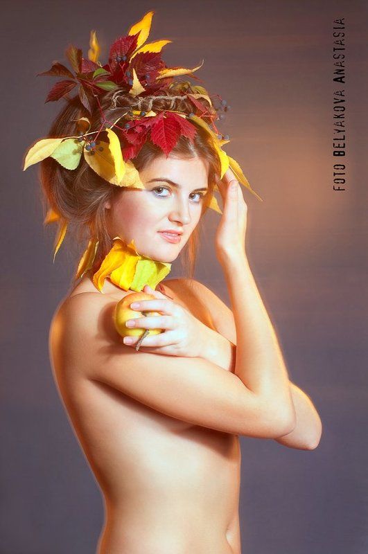 листья, осень, урожай, яблоко, девушка ***photo preview