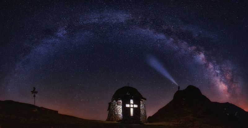 landscape, milky way, stars, chapel, cross, light, mountain, nightscape, astrophotography, night photography Milky wayphoto preview