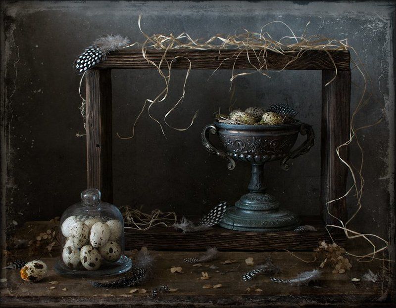 натюрморт , перепелиные перья, гнездо, яйцо Перепелино-гнездовой 3photo preview