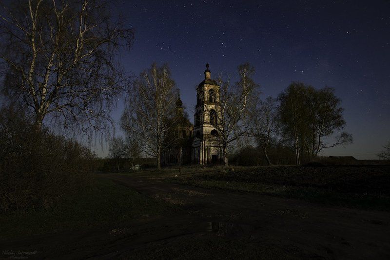 березы, ивановская область, ивановское, май, православные храмы, россия, сельский храм, храм, звезды, ночной пейзаж, ночь \