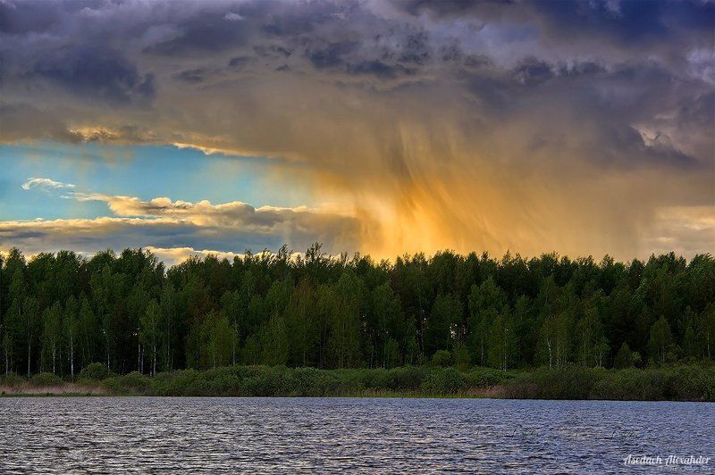 озеро, вечер, вода, дождь, туча, облака, небо, лето Золотой дождьphoto preview