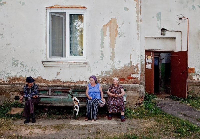 люди Трое под окошком и кошка.photo preview