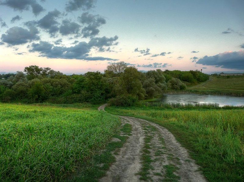 пейзаж, поле, дорога, пруд photo preview