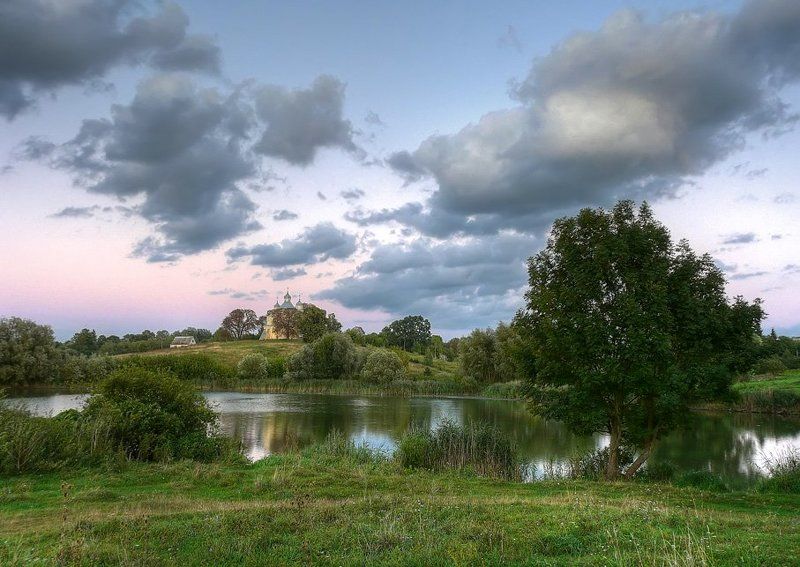 пейзаж, пруд, облака, церковь photo preview