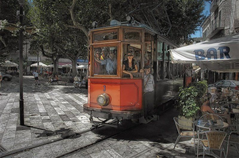 испания, майорка, соллер, город, улица, площадь, трамвай, лето, солнце, романов Tram time # 3photo preview