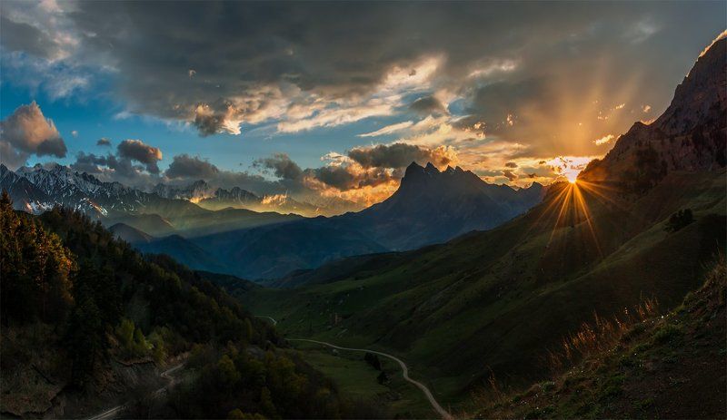 природа, пейзаж, кавказ, горы, весна, ингушетия, вечер, панорама, закат, солнце, небо, облака ***photo preview