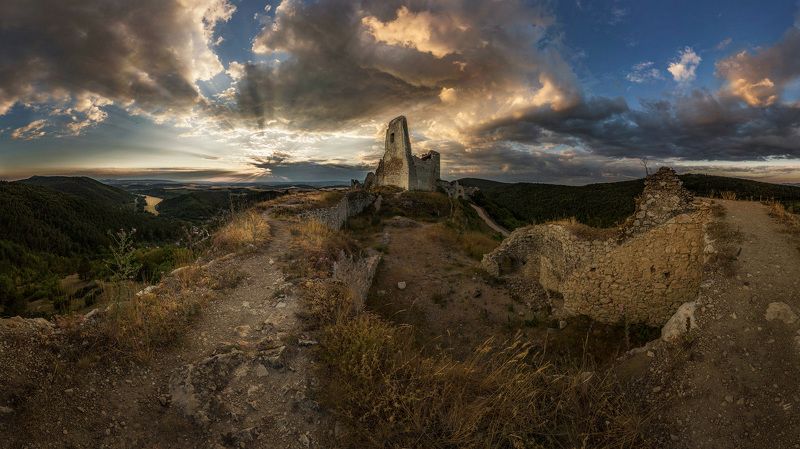 bathory, castle, ruins evening, sun, clouds, sunset, cachtice, slovakia, europe Castle ruinsphoto preview