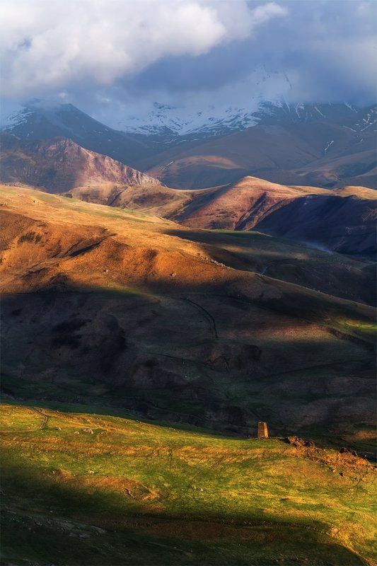 природа, пейзаж, кавказ, горы, весна, вечер, панорама, закат, солнце, небо, облака, свет *****photo preview