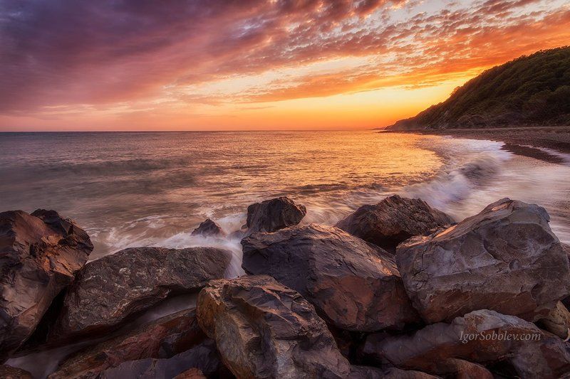 черное море, россия, вечер, закат, море, прибой, берег, облака, джубга Закатноеphoto preview