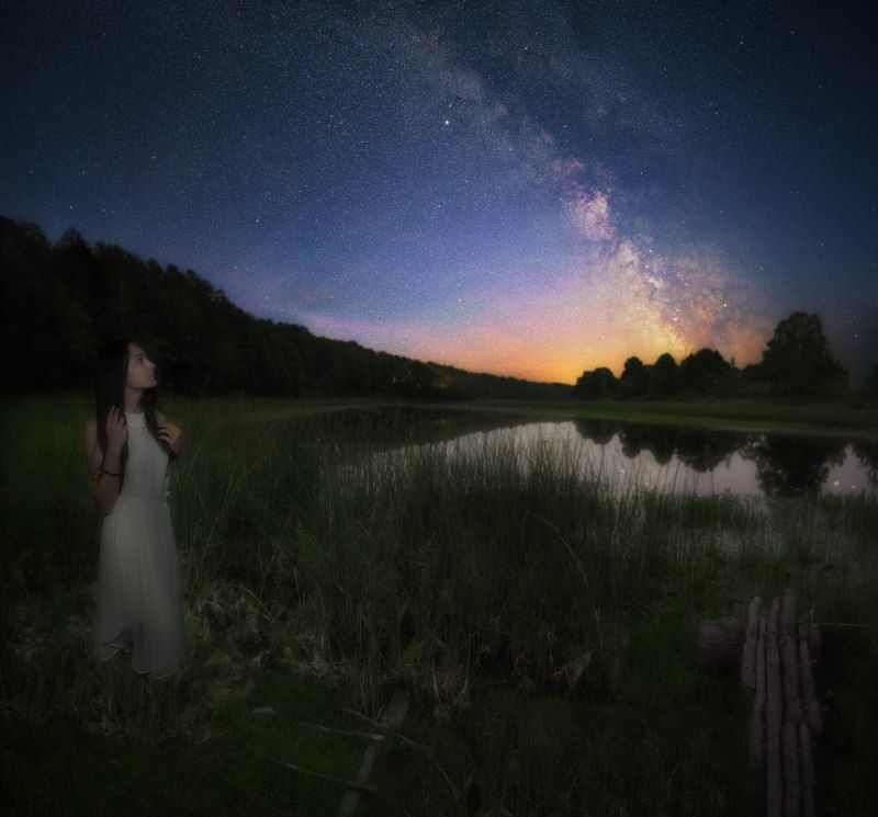 млечный путь, звезды, ночь, звезда, девушка, девушка под звездами, природа, озеро, река Под звездамиphoto preview