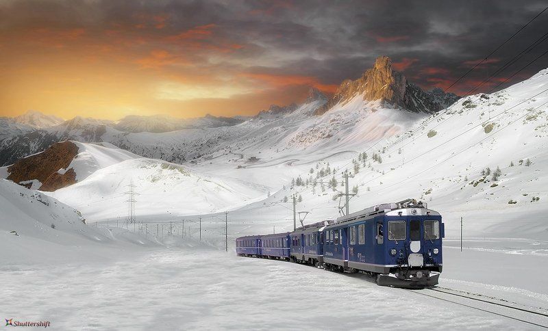 train, winter, sunset, mountain, snow, зима, снег, закат, гора, поезд, .winterland talesphoto preview