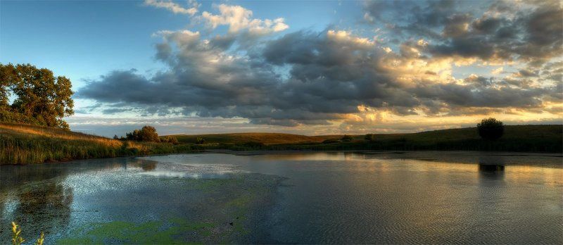 панорама, пейзаж, пруд, облака, закат photo preview